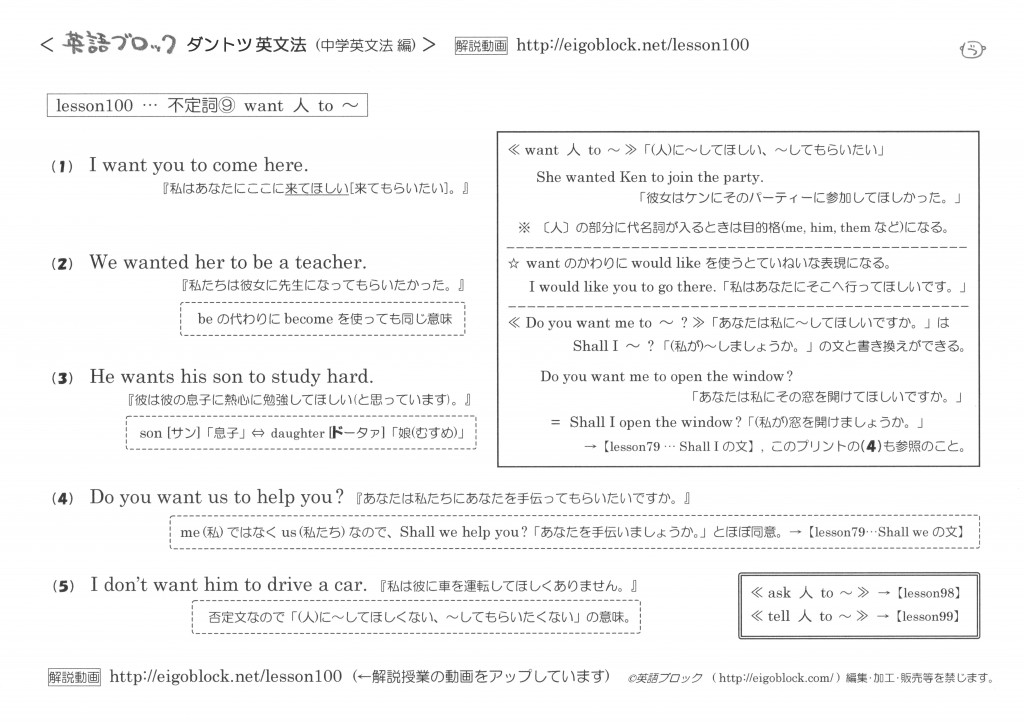 Lesson100 不定詞 Want 人 To 英語を 無料で 学べる 英語ブロック